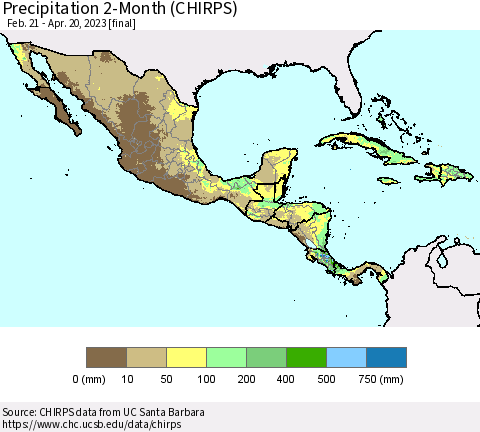Mexico Central America and the Caribbean Precipitation 2-Month (CHIRPS) Thematic Map For 2/21/2023 - 4/20/2023