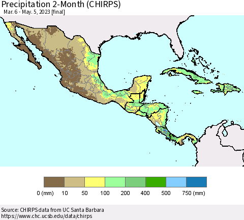 Mexico Central America and the Caribbean Precipitation 2-Month (CHIRPS) Thematic Map For 3/6/2023 - 5/5/2023