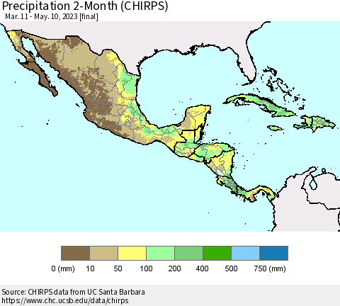Mexico Central America and the Caribbean Precipitation 2-Month (CHIRPS) Thematic Map For 3/11/2023 - 5/10/2023