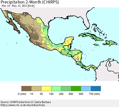 Mexico Central America and the Caribbean Precipitation 2-Month (CHIRPS) Thematic Map For 3/16/2023 - 5/15/2023