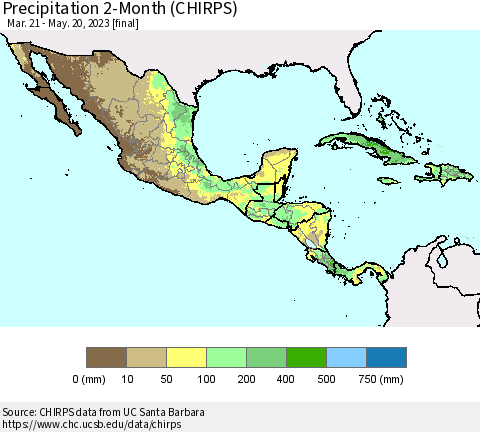 Mexico Central America and the Caribbean Precipitation 2-Month (CHIRPS) Thematic Map For 3/21/2023 - 5/20/2023