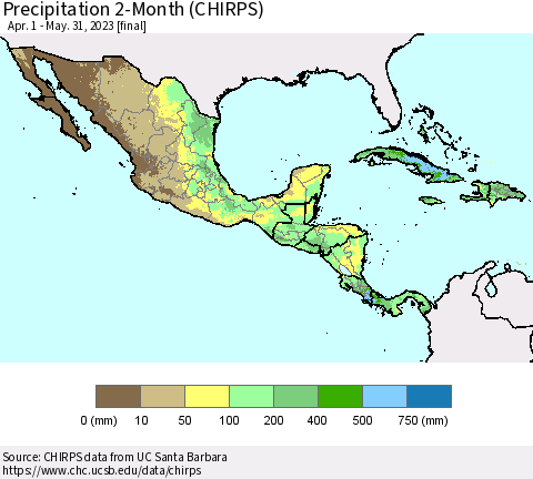 Mexico Central America and the Caribbean Precipitation 2-Month (CHIRPS) Thematic Map For 4/1/2023 - 5/31/2023