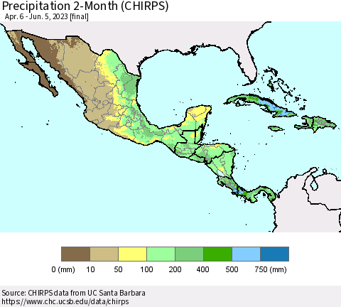 Mexico Central America and the Caribbean Precipitation 2-Month (CHIRPS) Thematic Map For 4/6/2023 - 6/5/2023