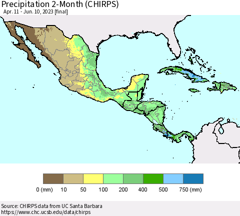 Mexico Central America and the Caribbean Precipitation 2-Month (CHIRPS) Thematic Map For 4/11/2023 - 6/10/2023