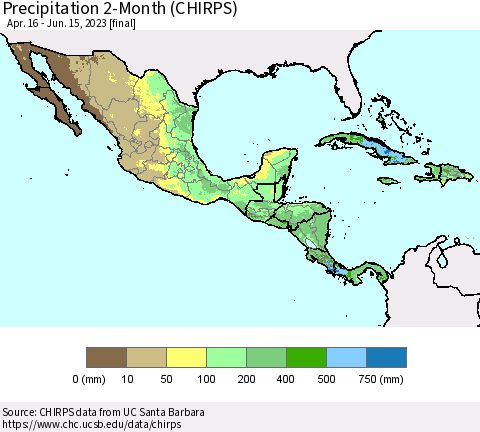 Mexico Central America and the Caribbean Precipitation 2-Month (CHIRPS) Thematic Map For 4/16/2023 - 6/15/2023