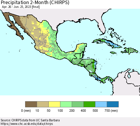 Mexico Central America and the Caribbean Precipitation 2-Month (CHIRPS) Thematic Map For 4/26/2023 - 6/25/2023