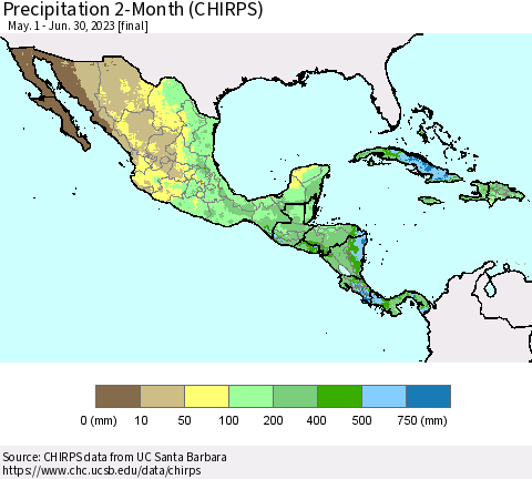 Mexico Central America and the Caribbean Precipitation 2-Month (CHIRPS) Thematic Map For 5/1/2023 - 6/30/2023