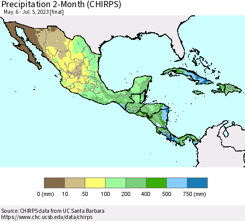 Mexico Central America and the Caribbean Precipitation 2-Month (CHIRPS) Thematic Map For 5/6/2023 - 7/5/2023