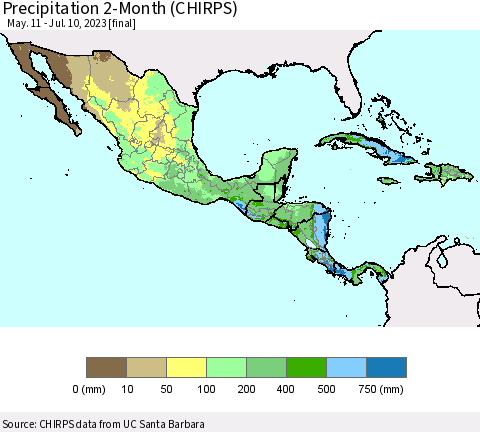 Mexico Central America and the Caribbean Precipitation 2-Month (CHIRPS) Thematic Map For 5/11/2023 - 7/10/2023