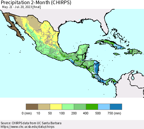 Mexico Central America and the Caribbean Precipitation 2-Month (CHIRPS) Thematic Map For 5/21/2023 - 7/20/2023