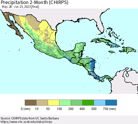 Mexico Central America and the Caribbean Precipitation 2-Month (CHIRPS) Thematic Map For 5/26/2023 - 7/25/2023