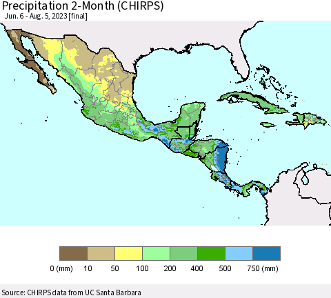 Mexico Central America and the Caribbean Precipitation 2-Month (CHIRPS) Thematic Map For 6/6/2023 - 8/5/2023