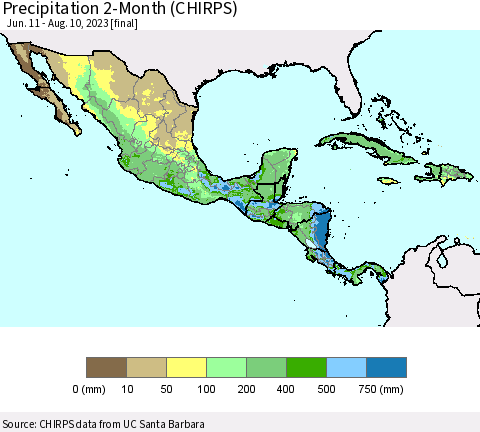 Mexico Central America and the Caribbean Precipitation 2-Month (CHIRPS) Thematic Map For 6/11/2023 - 8/10/2023