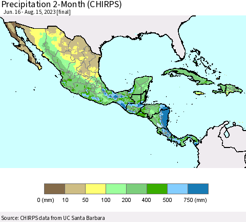 Mexico Central America and the Caribbean Precipitation 2-Month (CHIRPS) Thematic Map For 6/16/2023 - 8/15/2023