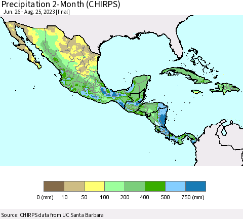 Mexico Central America and the Caribbean Precipitation 2-Month (CHIRPS) Thematic Map For 6/26/2023 - 8/25/2023