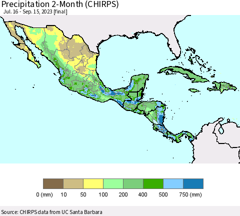 Mexico Central America and the Caribbean Precipitation 2-Month (CHIRPS) Thematic Map For 7/16/2023 - 9/15/2023