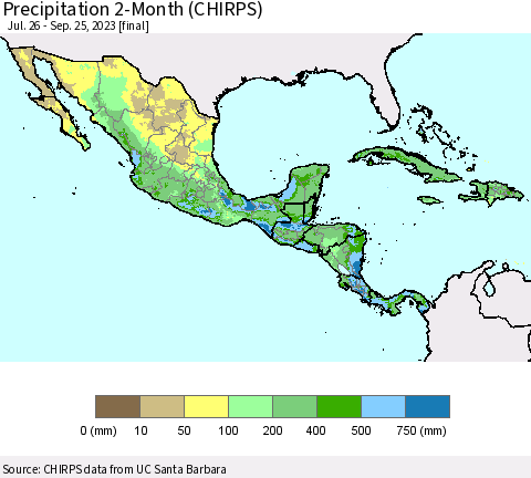 Mexico Central America and the Caribbean Precipitation 2-Month (CHIRPS) Thematic Map For 7/26/2023 - 9/25/2023
