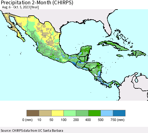 Mexico Central America and the Caribbean Precipitation 2-Month (CHIRPS) Thematic Map For 8/6/2023 - 10/5/2023