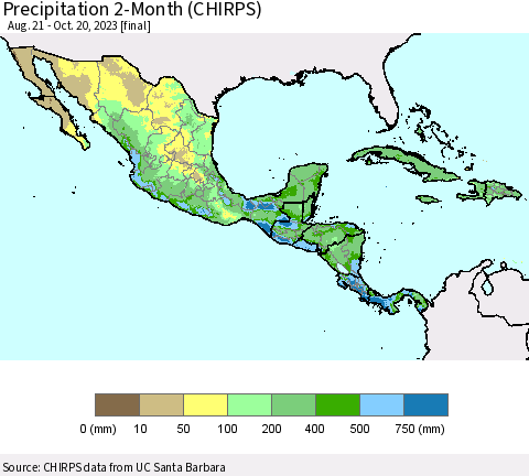 Mexico Central America and the Caribbean Precipitation 2-Month (CHIRPS) Thematic Map For 8/21/2023 - 10/20/2023