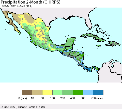 Mexico Central America and the Caribbean Precipitation 2-Month (CHIRPS) Thematic Map For 9/6/2023 - 11/5/2023