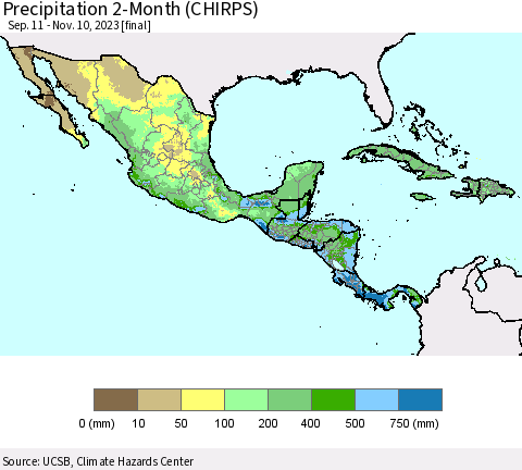 Mexico Central America and the Caribbean Precipitation 2-Month (CHIRPS) Thematic Map For 9/11/2023 - 11/10/2023