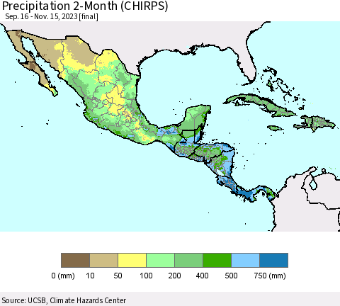 Mexico Central America and the Caribbean Precipitation 2-Month (CHIRPS) Thematic Map For 9/16/2023 - 11/15/2023