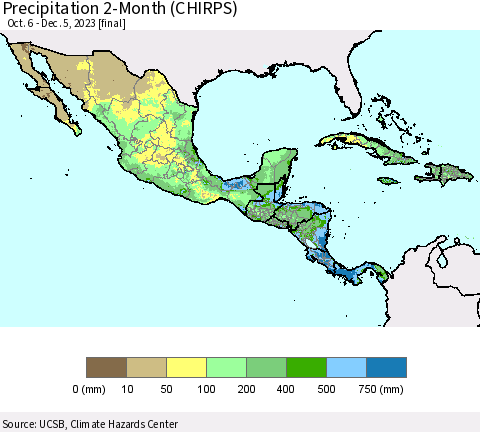 Mexico Central America and the Caribbean Precipitation 2-Month (CHIRPS) Thematic Map For 10/6/2023 - 12/5/2023