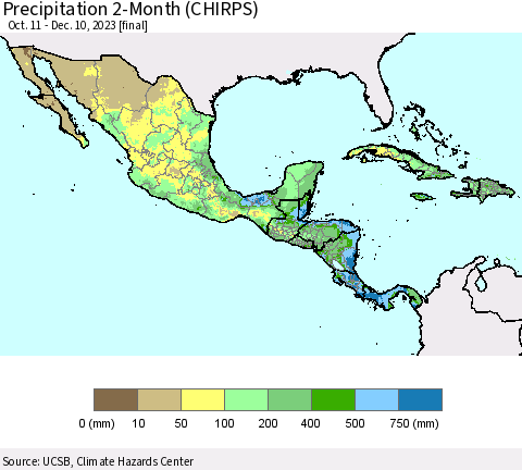 Mexico Central America and the Caribbean Precipitation 2-Month (CHIRPS) Thematic Map For 10/11/2023 - 12/10/2023