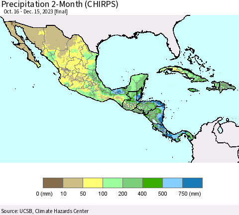 Mexico Central America and the Caribbean Precipitation 2-Month (CHIRPS) Thematic Map For 10/16/2023 - 12/15/2023