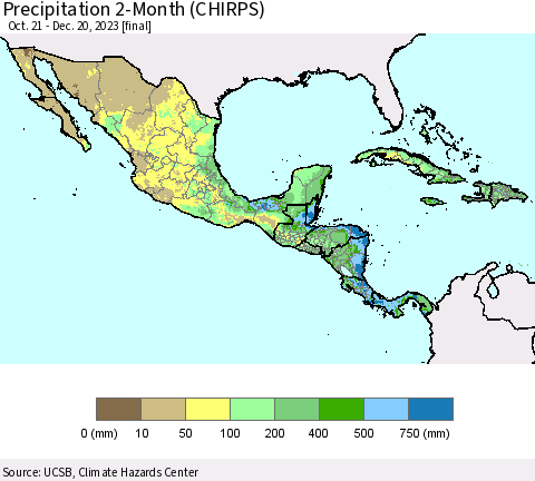 Mexico Central America and the Caribbean Precipitation 2-Month (CHIRPS) Thematic Map For 10/21/2023 - 12/20/2023