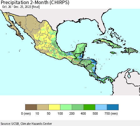 Mexico Central America and the Caribbean Precipitation 2-Month (CHIRPS) Thematic Map For 10/26/2023 - 12/25/2023