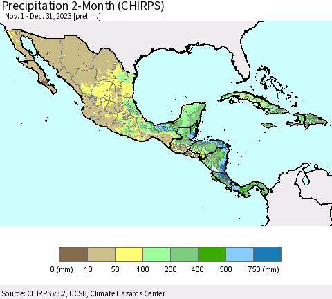 Mexico Central America and the Caribbean Precipitation 2-Month (CHIRPS) Thematic Map For 11/1/2023 - 12/31/2023