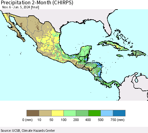 Mexico Central America and the Caribbean Precipitation 2-Month (CHIRPS) Thematic Map For 11/6/2023 - 1/5/2024