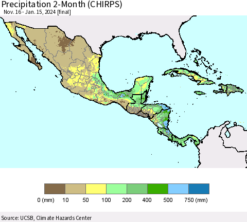 Mexico Central America and the Caribbean Precipitation 2-Month (CHIRPS) Thematic Map For 11/16/2023 - 1/15/2024
