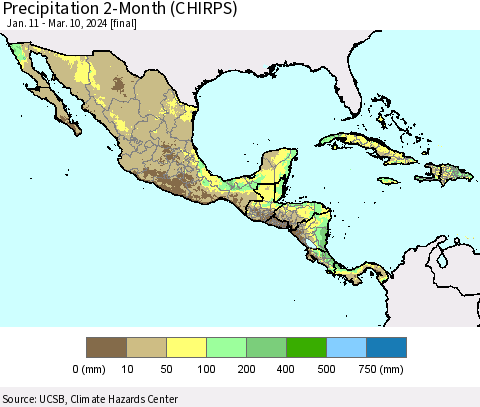 Mexico Central America and the Caribbean Precipitation 2-Month (CHIRPS) Thematic Map For 1/11/2024 - 3/10/2024