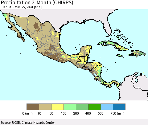 Mexico Central America and the Caribbean Precipitation 2-Month (CHIRPS) Thematic Map For 1/26/2024 - 3/25/2024