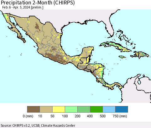 Mexico Central America and the Caribbean Precipitation 2-Month (CHIRPS) Thematic Map For 2/6/2024 - 4/5/2024