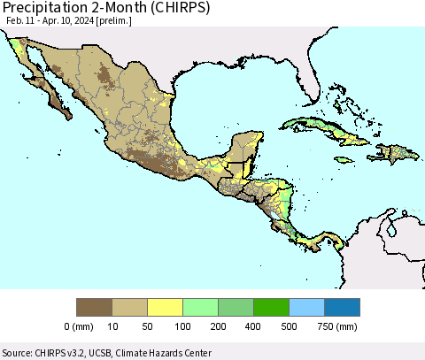 Mexico Central America and the Caribbean Precipitation 2-Month (CHIRPS) Thematic Map For 2/11/2024 - 4/10/2024