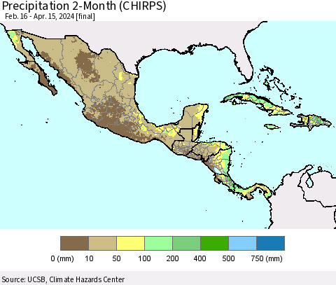 Mexico Central America and the Caribbean Precipitation 2-Month (CHIRPS) Thematic Map For 2/16/2024 - 4/15/2024