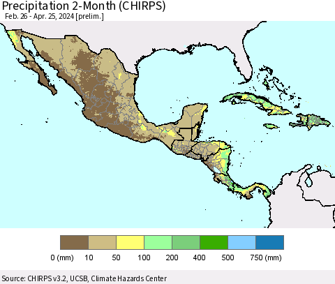 Mexico Central America and the Caribbean Precipitation 2-Month (CHIRPS) Thematic Map For 2/26/2024 - 4/25/2024