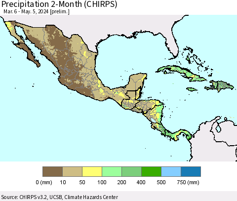 Mexico Central America and the Caribbean Precipitation 2-Month (CHIRPS) Thematic Map For 3/6/2024 - 5/5/2024