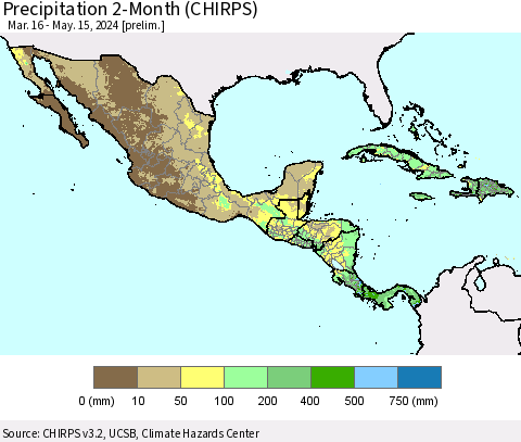 Mexico Central America and the Caribbean Precipitation 2-Month (CHIRPS) Thematic Map For 3/16/2024 - 5/15/2024