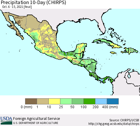 Mexico Central America and the Caribbean Precipitation 10-Day (CHIRPS) Thematic Map For 10/6/2021 - 10/15/2021