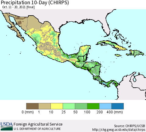 Mexico Central America and the Caribbean Precipitation 10-Day (CHIRPS) Thematic Map For 10/11/2021 - 10/20/2021