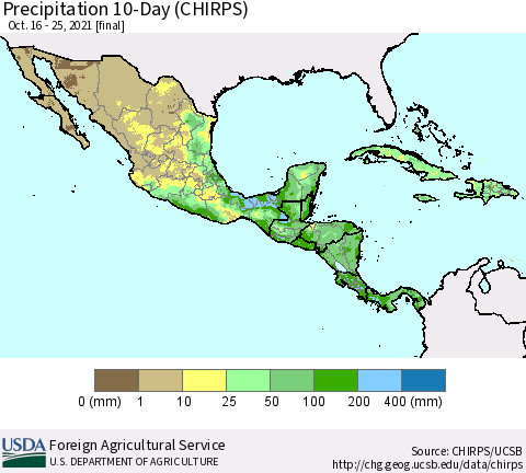 Mexico Central America and the Caribbean Precipitation 10-Day (CHIRPS) Thematic Map For 10/16/2021 - 10/25/2021