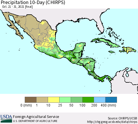 Mexico Central America and the Caribbean Precipitation 10-Day (CHIRPS) Thematic Map For 10/21/2021 - 10/31/2021