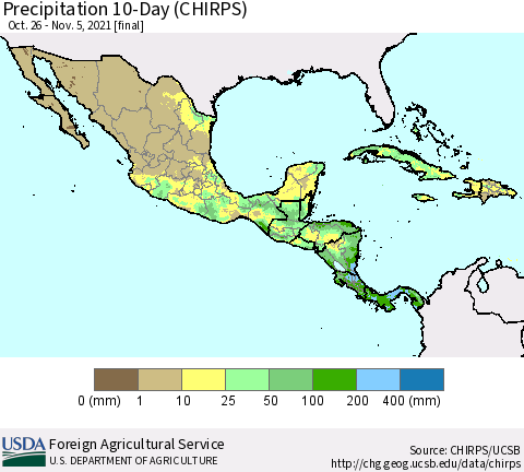 Mexico Central America and the Caribbean Precipitation 10-Day (CHIRPS) Thematic Map For 10/26/2021 - 11/5/2021