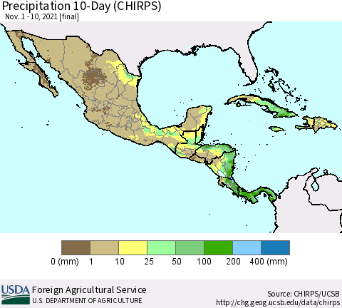 Mexico Central America and the Caribbean Precipitation 10-Day (CHIRPS) Thematic Map For 11/1/2021 - 11/10/2021