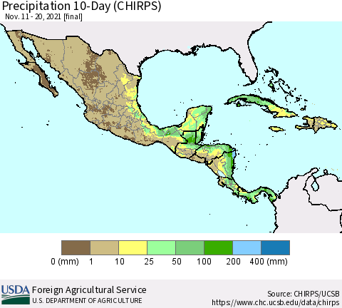 Mexico Central America and the Caribbean Precipitation 10-Day (CHIRPS) Thematic Map For 11/11/2021 - 11/20/2021