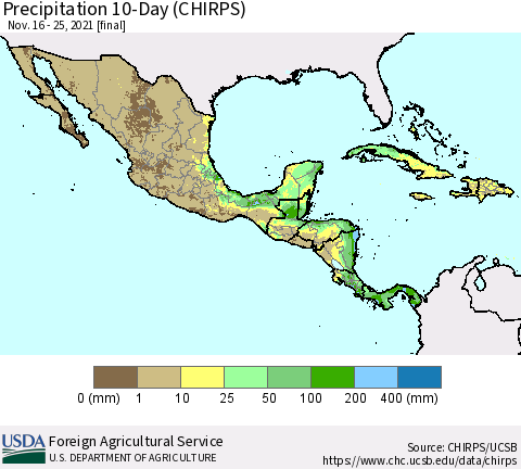 Mexico Central America and the Caribbean Precipitation 10-Day (CHIRPS) Thematic Map For 11/16/2021 - 11/25/2021